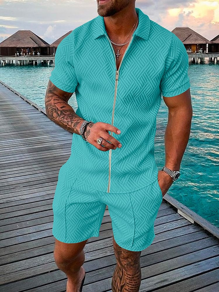 Men's Vacation Short Sleeve Cardigan Suit
