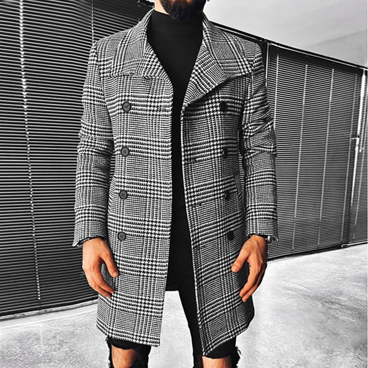 BrosWear Fashion Plaid Double Breasted Lapel Men's Coat Gray