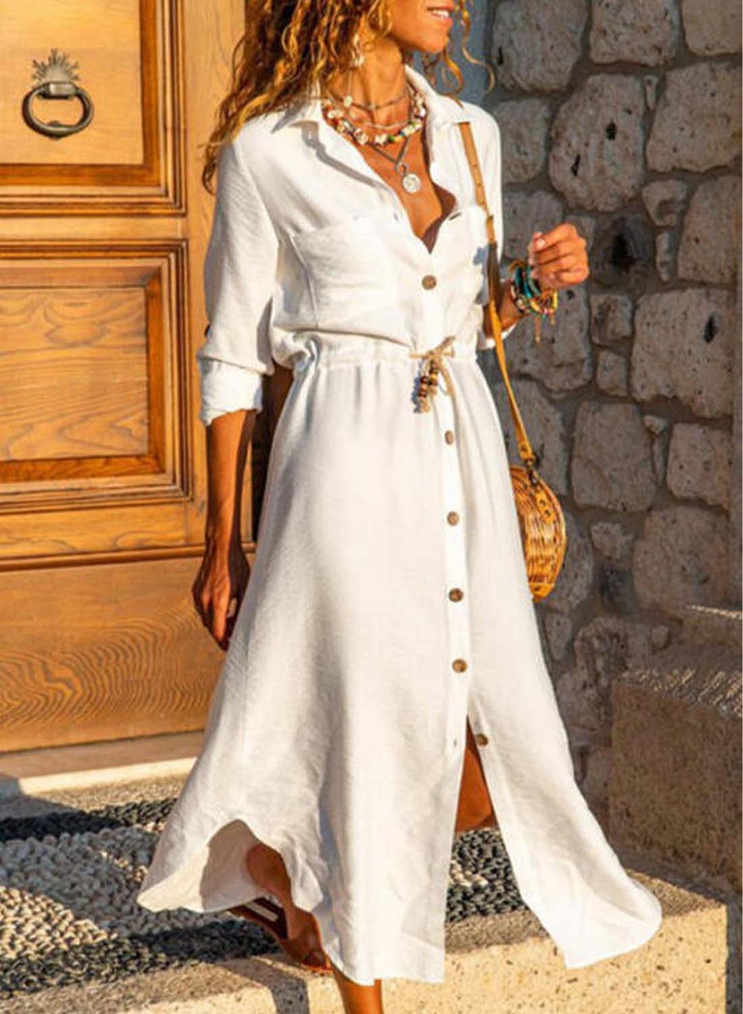 White Women's Maxi Dresses Fashion Solid Long Sleeve Turn Down Collar Button Belt Shirt Dress LC614426-1