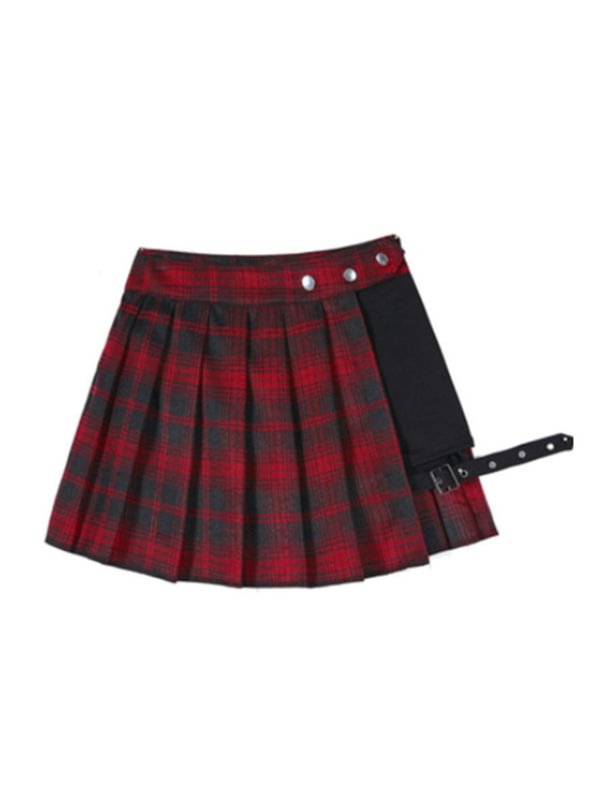 Checkered Buckle Straps Pleated Skirt