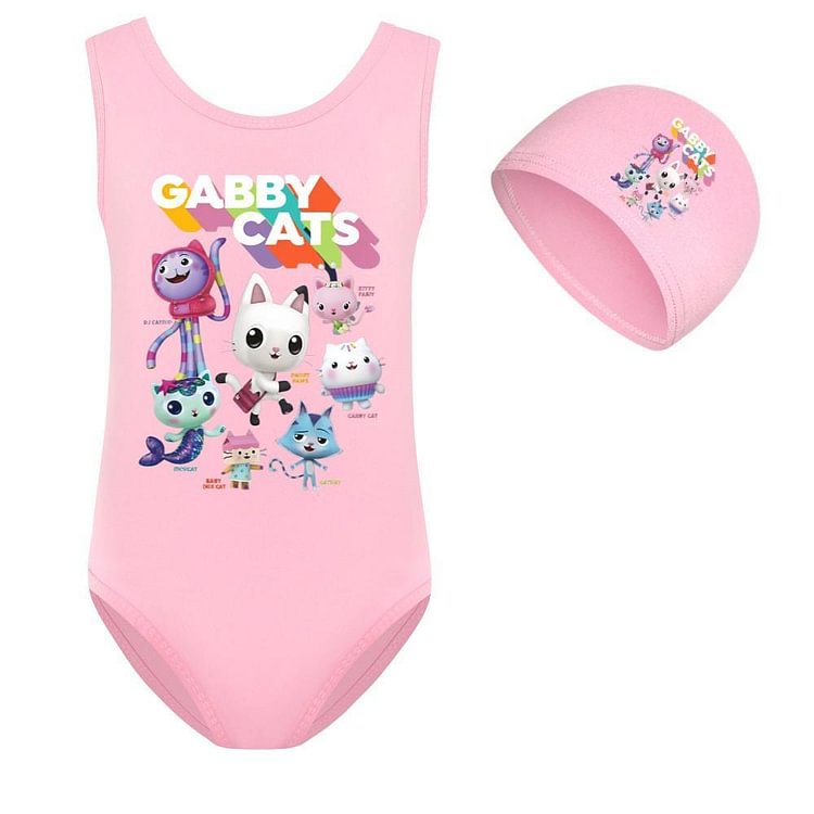 Gabby Cats Print Little Girls Cute Pink Blue One Piece Beach Swimsuit-Mayoulove