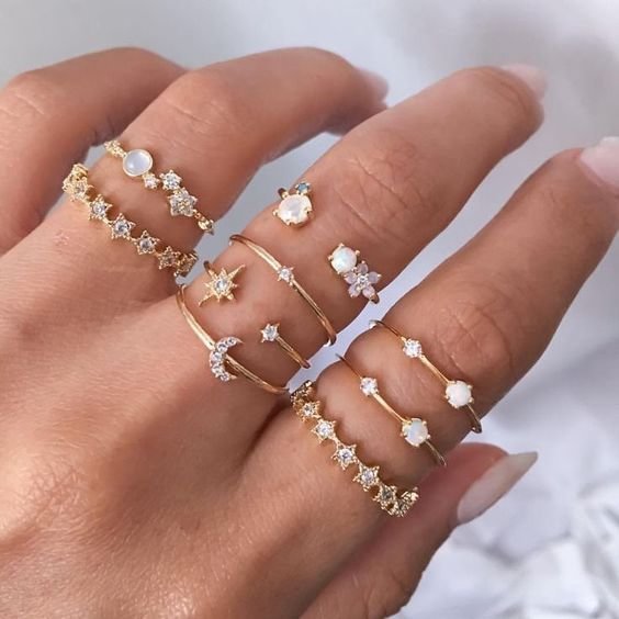   Simple alloy star and moon ring 9 piece set - Neojana