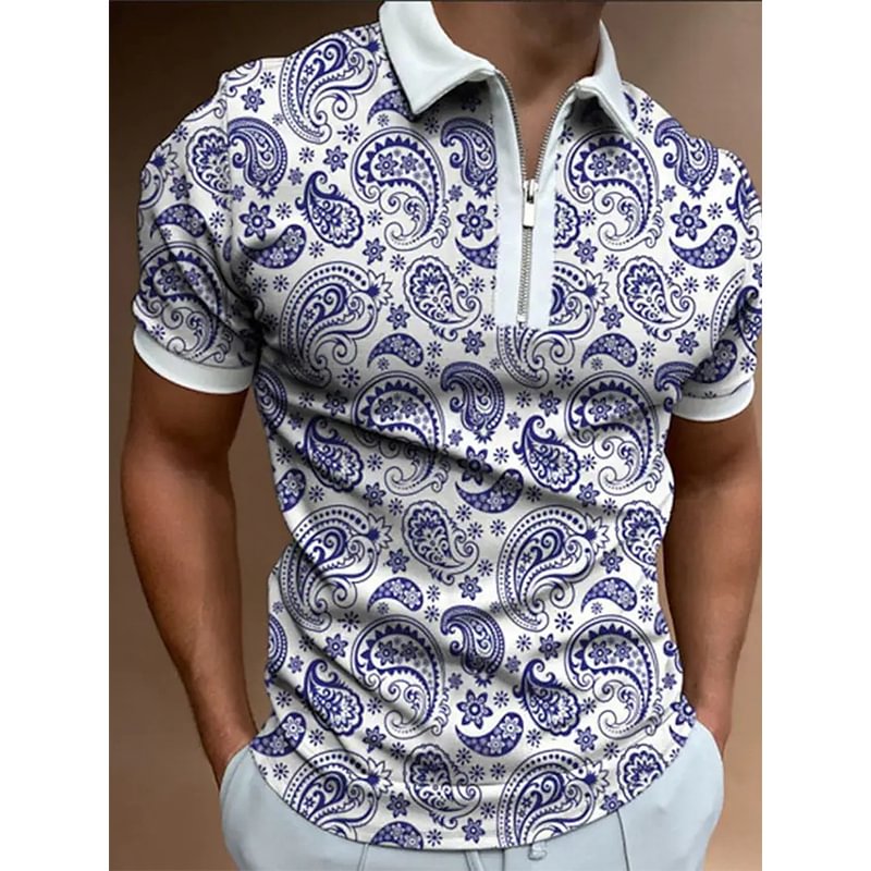 Exotic Style Zipper Short Sleeve Men's Polo Shirts Tops-VESSFUL