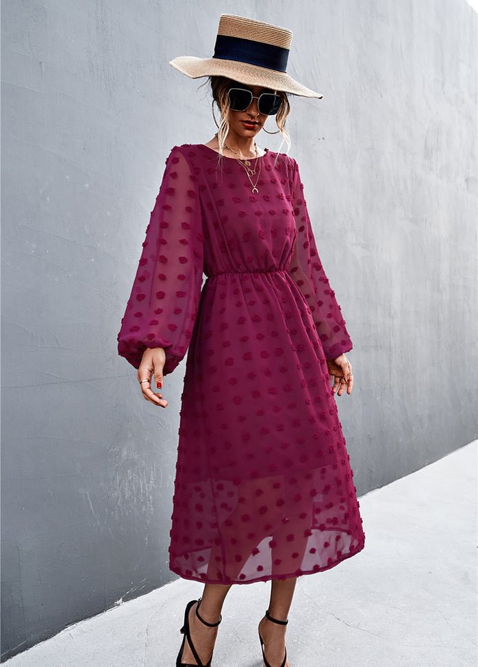 Solid Color Round Neck Long Sleeve Dress