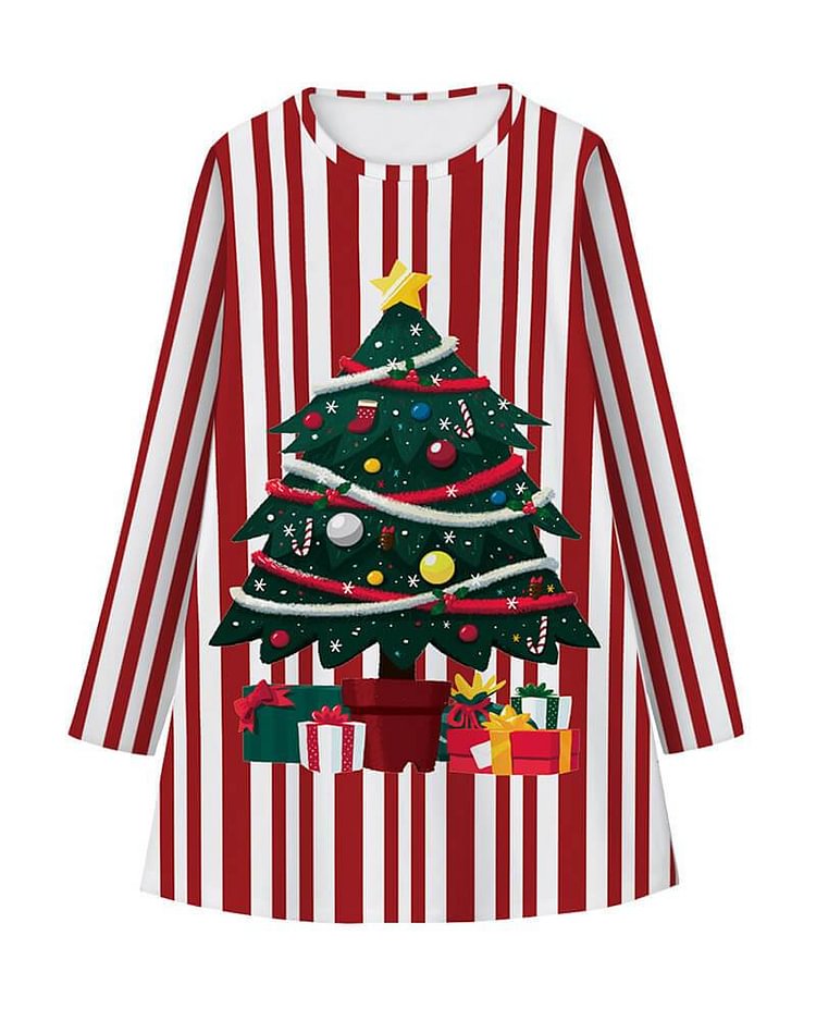 Mayoulove Red Stripe Christmas Tree Print Girls Long Sleeve Dress-Mayoulove