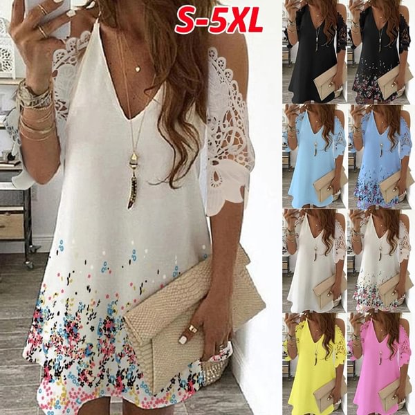 Plus Size S-5XL Women Fashion Floral Print Half Sleeve Midi Dress Ladies Casual Off Shoulder V Neck Lace Sleeve Party Dresses