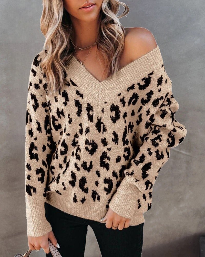 Cheetah Print Long Sleeve V-neck Sweater-Corachic