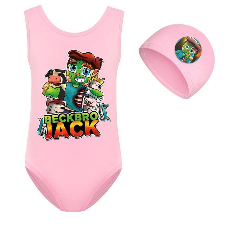 Beckbro Jack Print Girls Sport One Piece Swimsuit With Swim Cap-Mayoulove