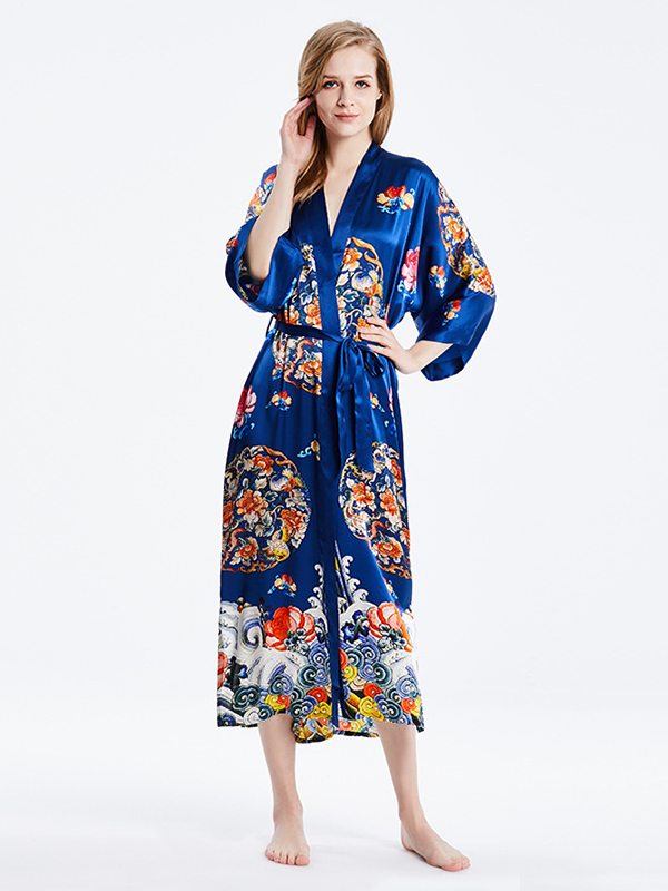 19 Momme Blue Traditional Printed Kimono Style Loose Silk Robes-Real Silk Life