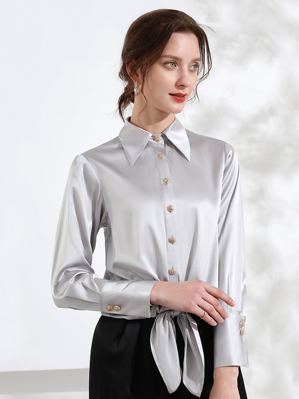 Commuting Elegant Silver Gray Silk Shirt
