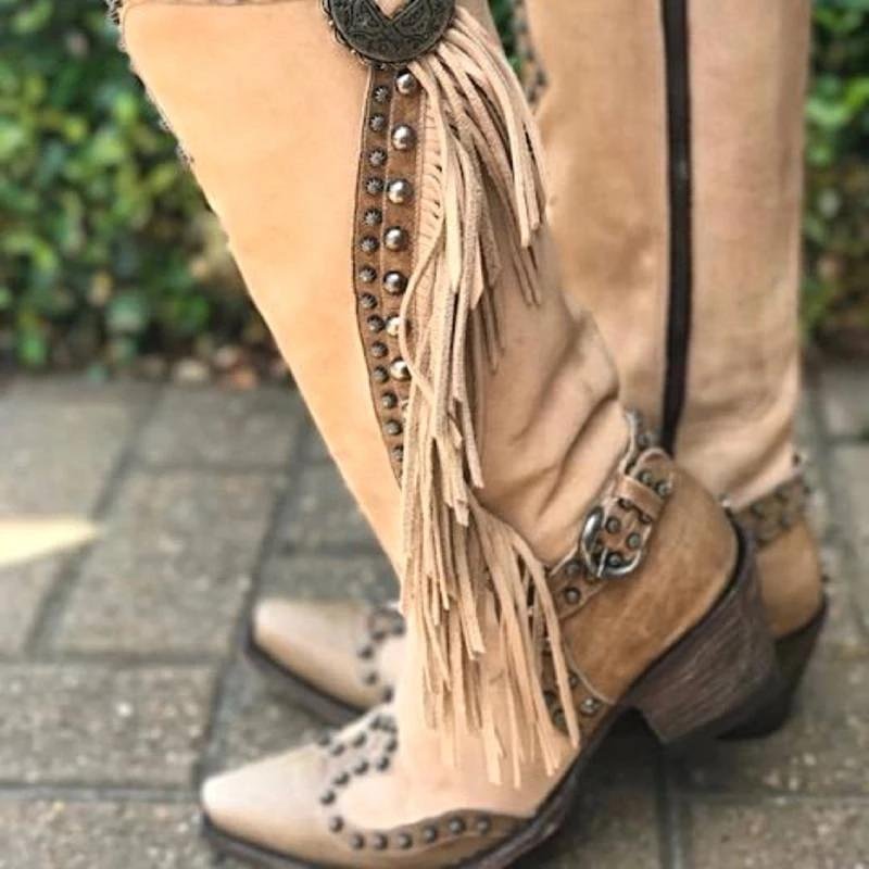 Women Vintage Tassel Western Boots With Zipper-Corachic