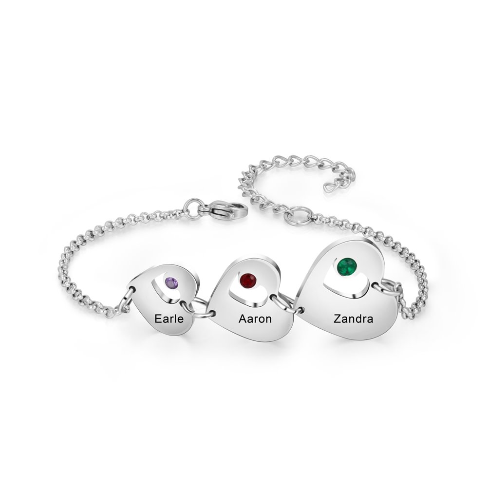 Personalisiertes herzförmiges Armband mit 3 Namen und 3 Geburtssteinen n3-b3 Kettenmachen