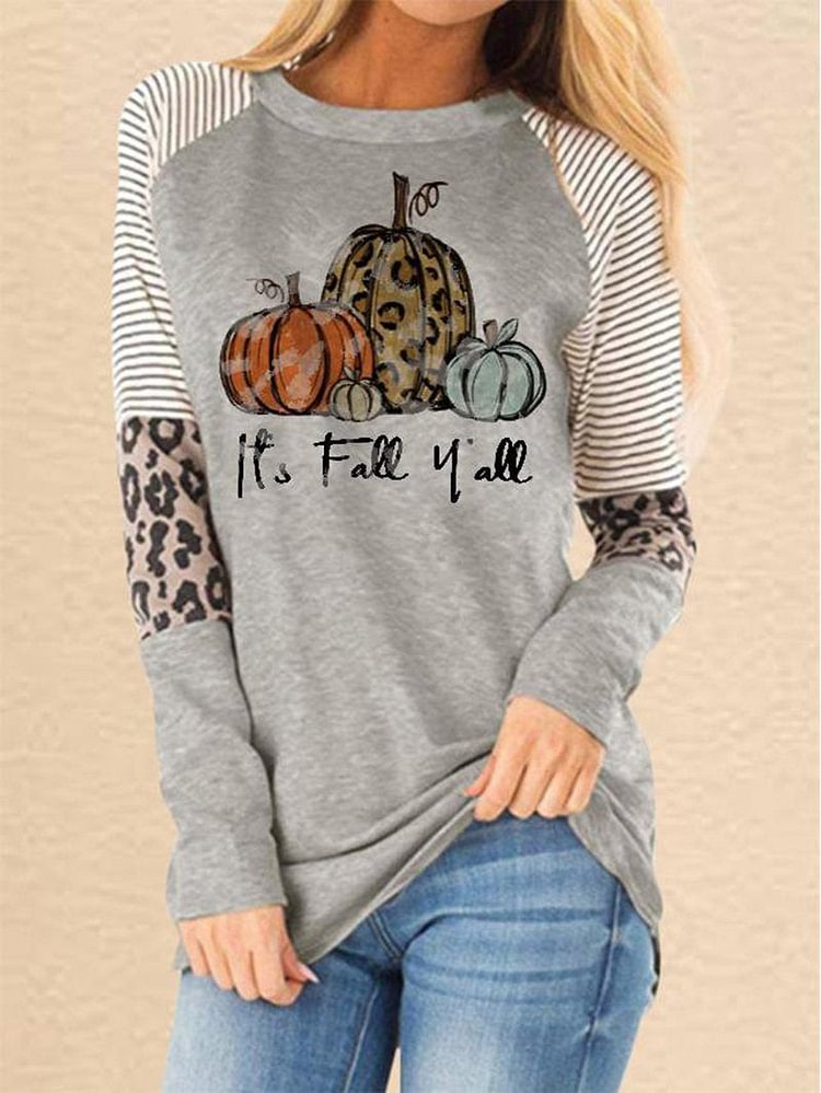 Round neck color pumpkin print long-sleeved long T-shirt