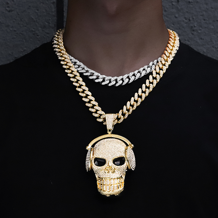 Skull Skeleton Pendant with 9mm Cuban Chain Necklace