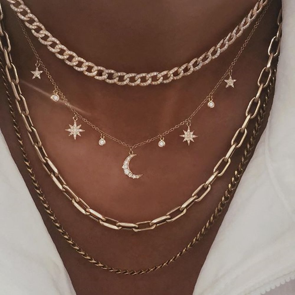 Minnieskull Vintage moon star crystal multilayer necklace - Minnieskull