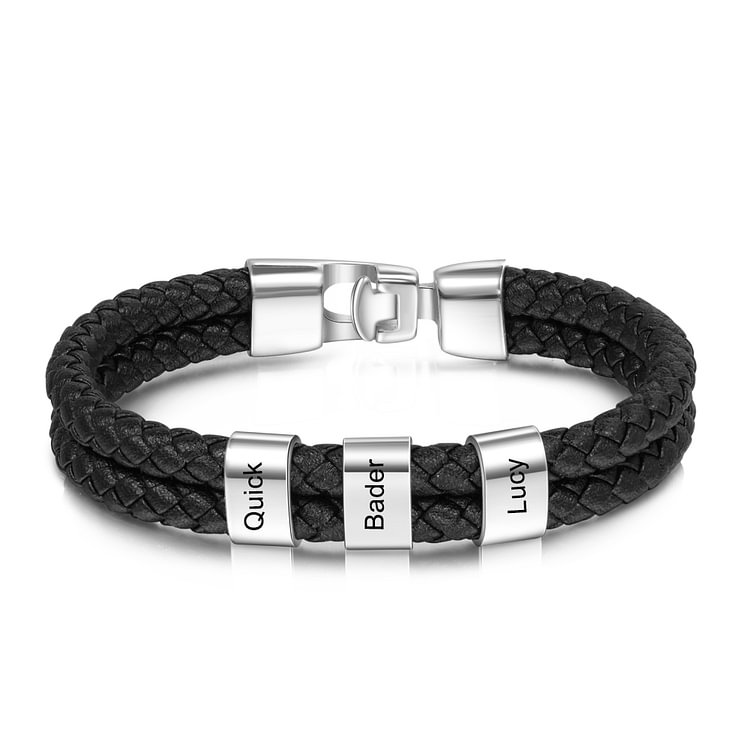 3 Names-Personalized Mens Leather Bracelet with Names Beads