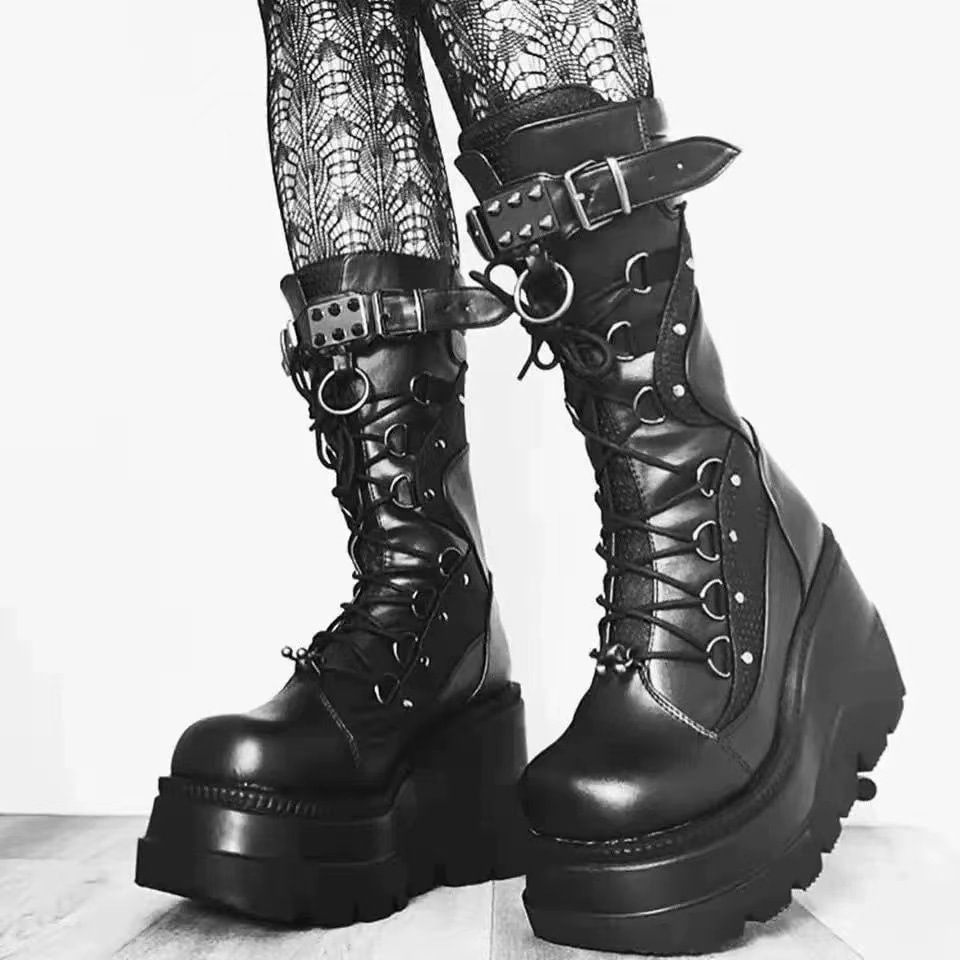 Gothic Metal Buckle Thick Sole Medium Boot Motorcycle Rider Boots / Techwear Club / Techwear