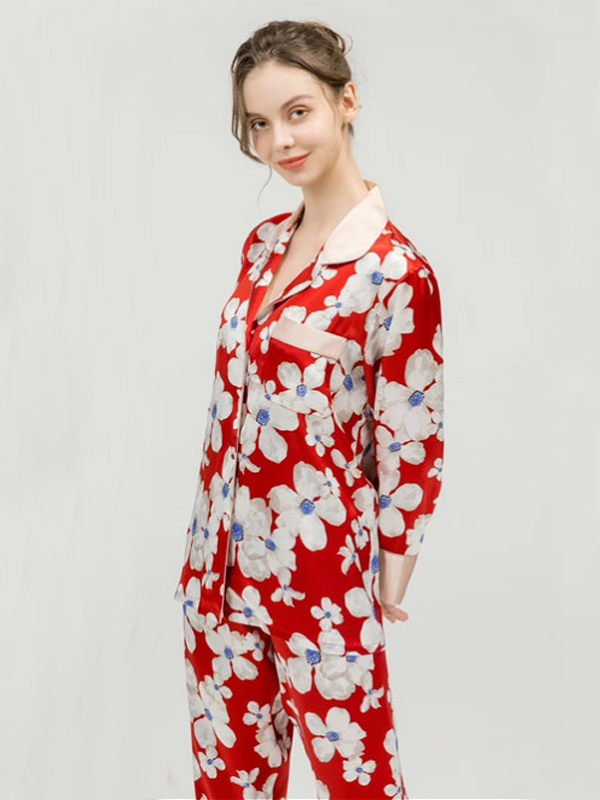 19 Momme Red Spring Floral Silk Pajamas-Real Silk Life