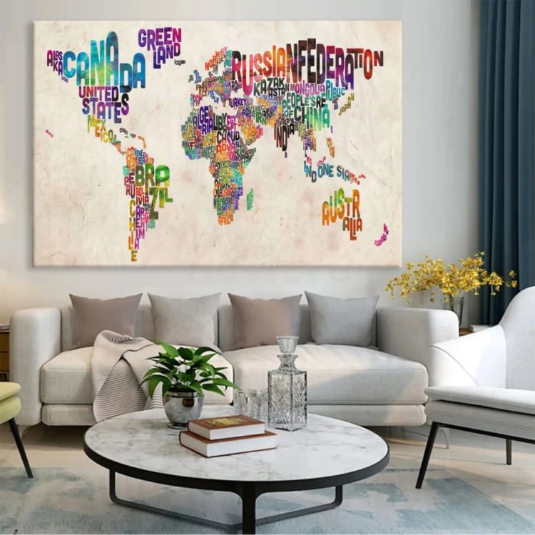 Typographic Text Map of the World Map Canvas Wall Art