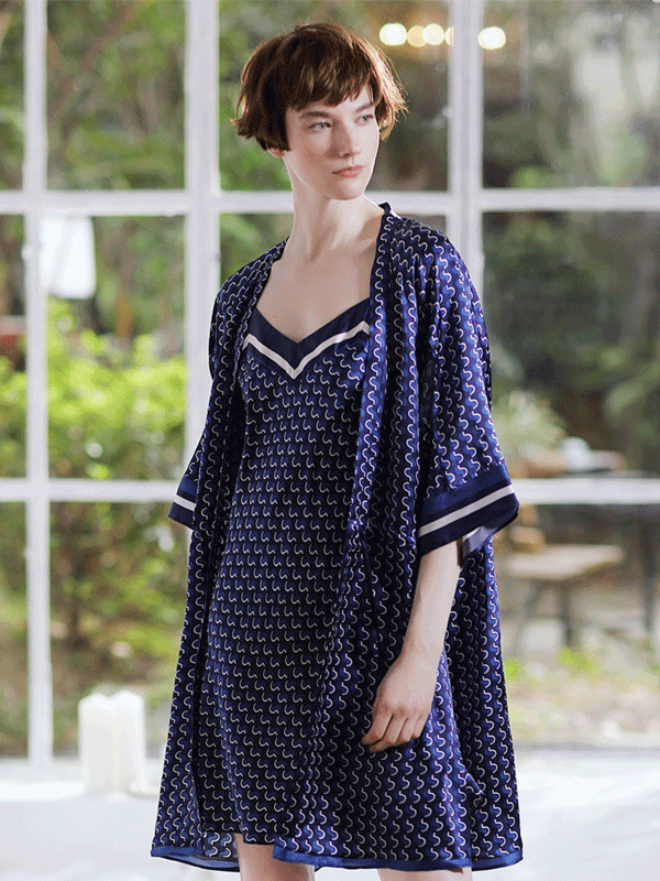 Navy Blue Summer Silk Robe Set For Women
