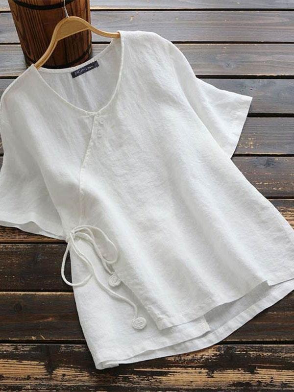 Woman's Plus Size Cotton and Linen Solid Color Ethnic Tee-Mayoulove