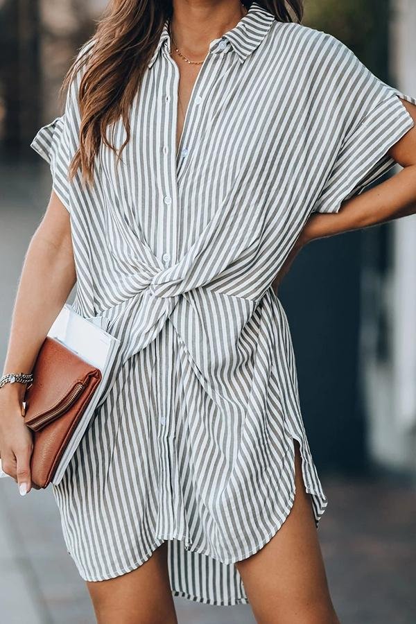 Womens Basic Striped Tied Shirt Dress-Allyzone-Allyzone