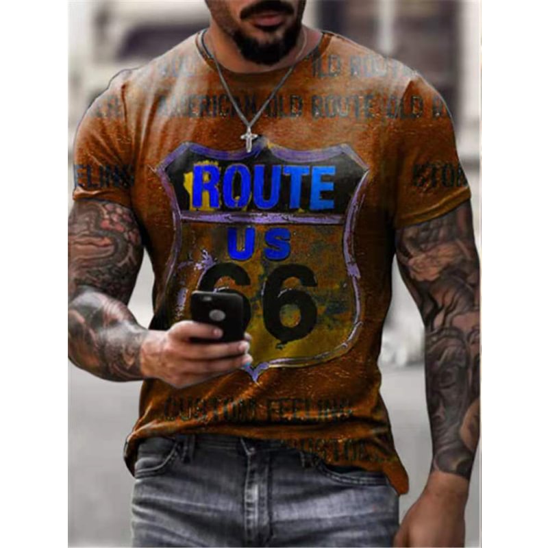 Route 66 American Road Short-sleeved Casual Top Crew Neck Men's T-shirts-VESSFUL