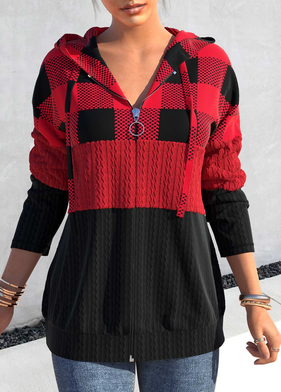 Black And Red Check Colorblock Casual  Women's Hoodie