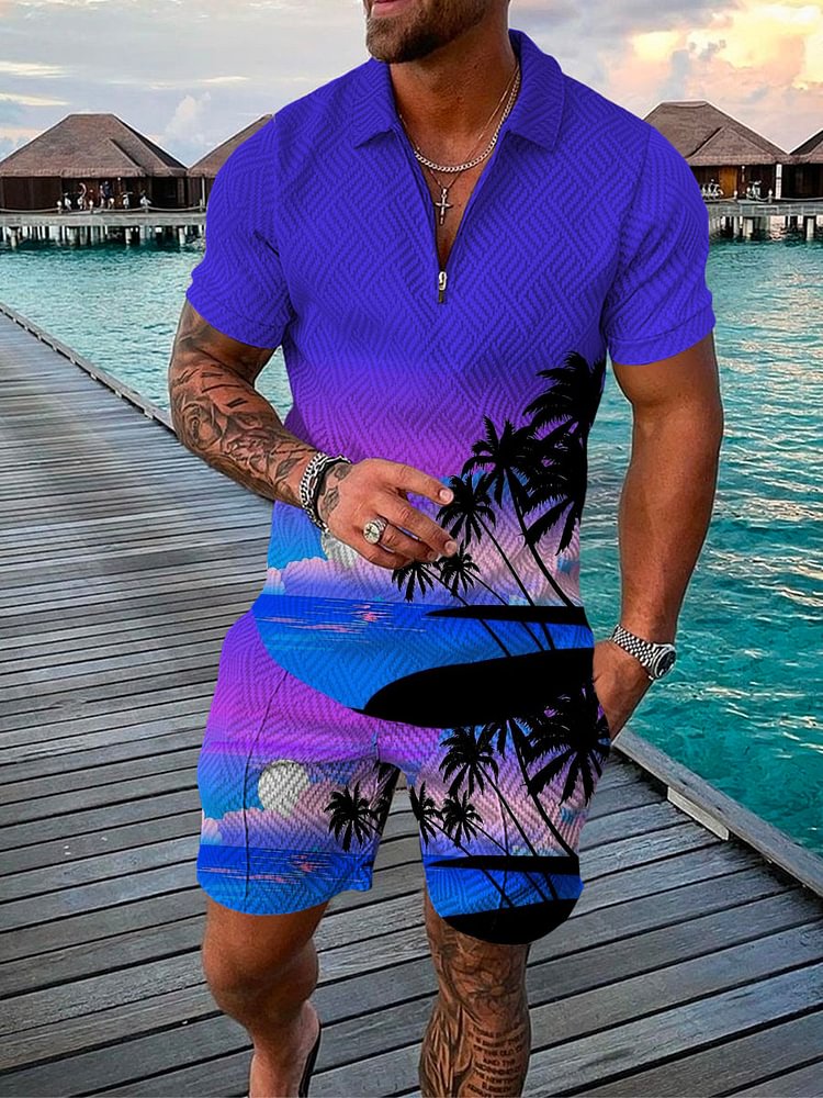 Men's Island Blue Coconut Print Polo Suit
