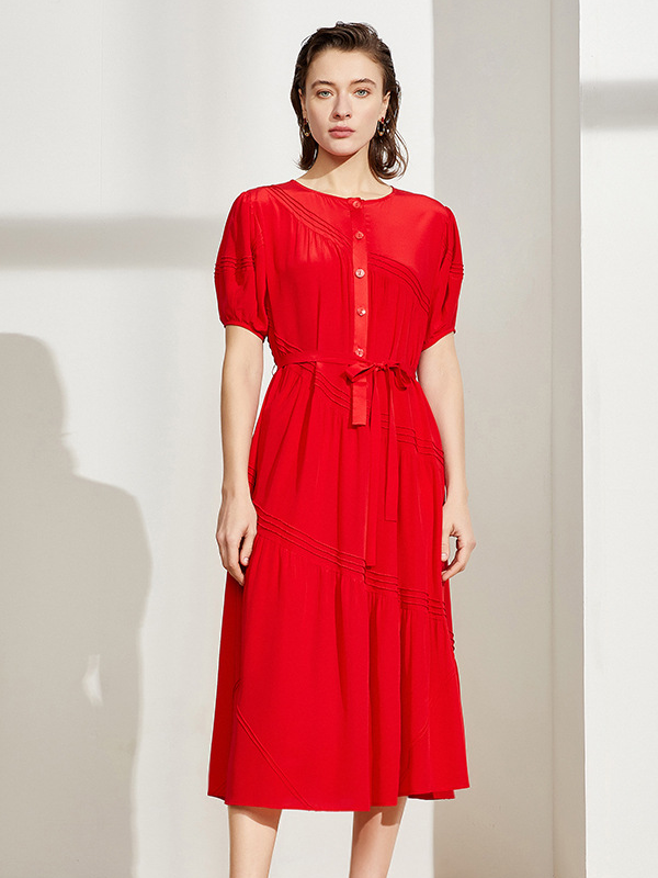 Solid Twill Design Silk Dress Red