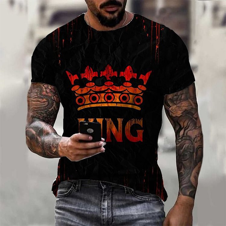 BrosWear Men's Vintage KING Crown Print Short Sleeve T-shirt black