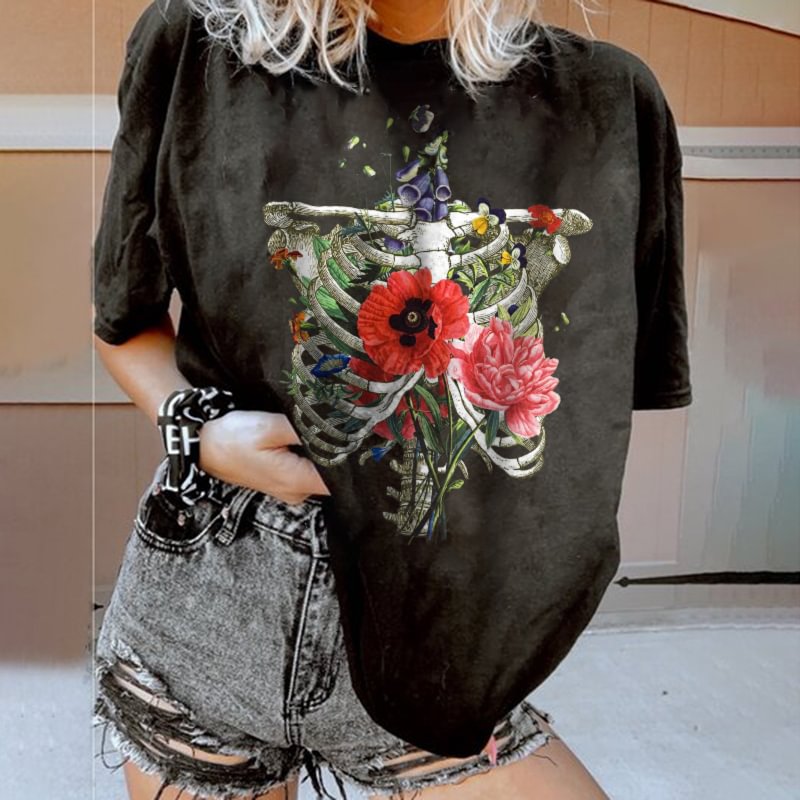   Designer skeleton growing flowers print T-shirt - Neojana