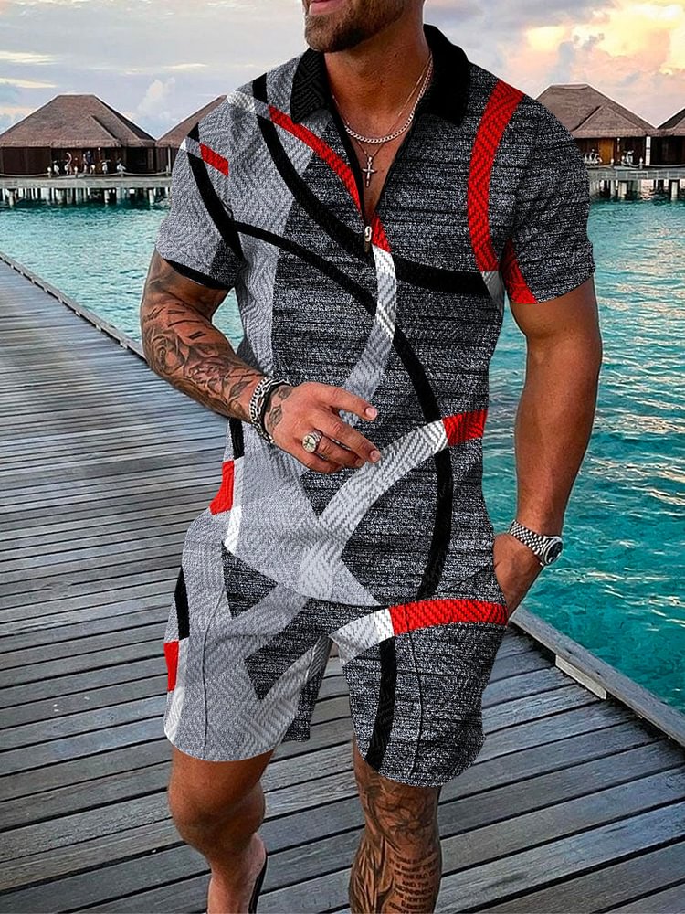 Men's Fashion Vacation round Printing Color Contrast Polo Suit