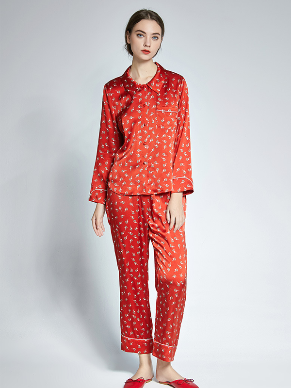 Casual Round Neck Long Printed Silk Pajamas Set For Women