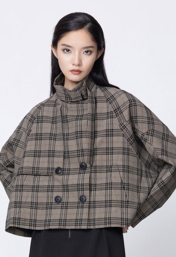 S.DEERBritish style stand collar contrast color plaid trumpet sleeve jacket S21382206