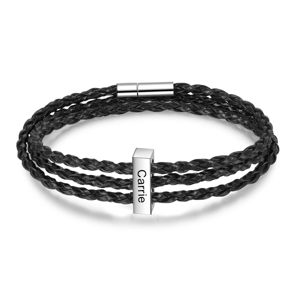 Men's Braided Leather Three-Layer Bracelet With 1 Name Engraved