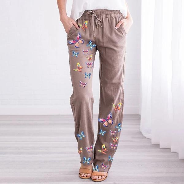 Women's Plus Size Cotton And Linen Butterfly print Casual Pants-Mayoulove