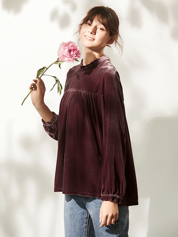 Pure Color Long Sleeves Silk Velvet T-shirt For Women-Real Silk Life