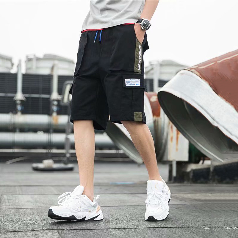 Japanese Style color matching shorts embroidered cotton five-point pants street hip-hop casual shorts simple all-match tooling