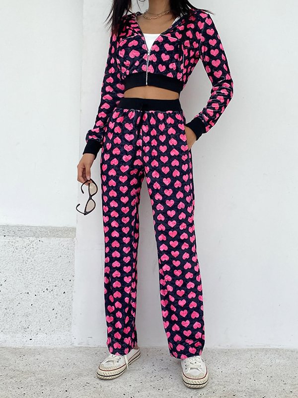 Street Fashion Velvet Heart Pattern Sets: Drawstring Long Sleeve Zip Up Jacket + Casual Loose Pants
