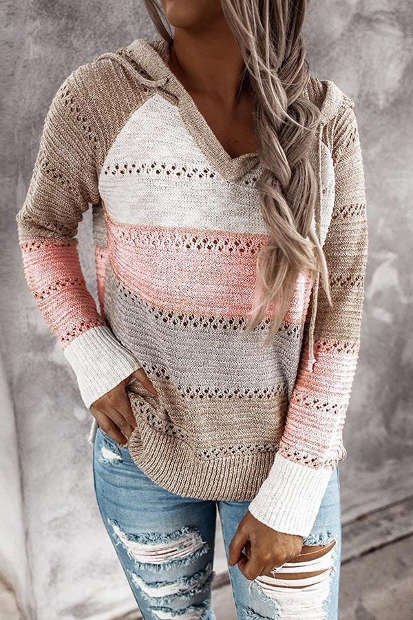 Womens Striped Panel Knit Hooded Sweater-Allyzone-Allyzone