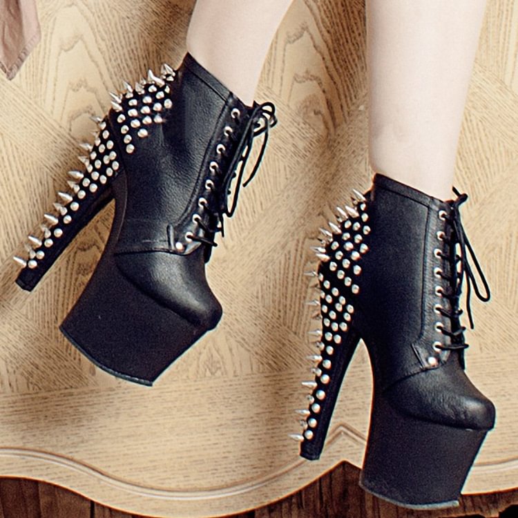 Rivets Lace Up High Heel Round Pointed Platform Boots