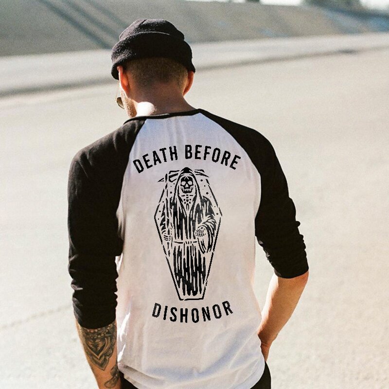 UPRANDY White-black Stitching Death Before Dishonor Skeleton Printed Long-sleeved T-shirt -  UPRANDY