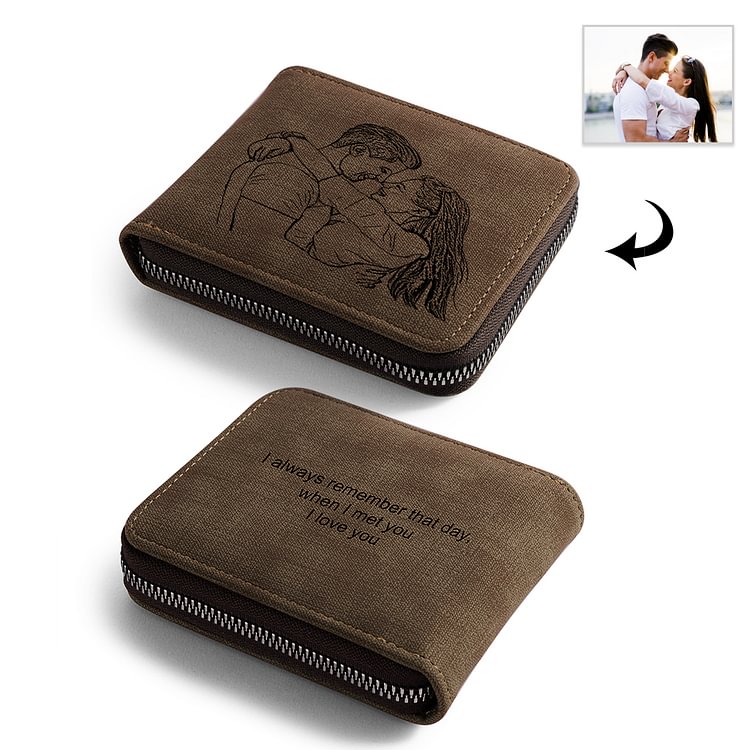 Men Short Style Personalised Leather Photo Wallet Engrave With Zipper