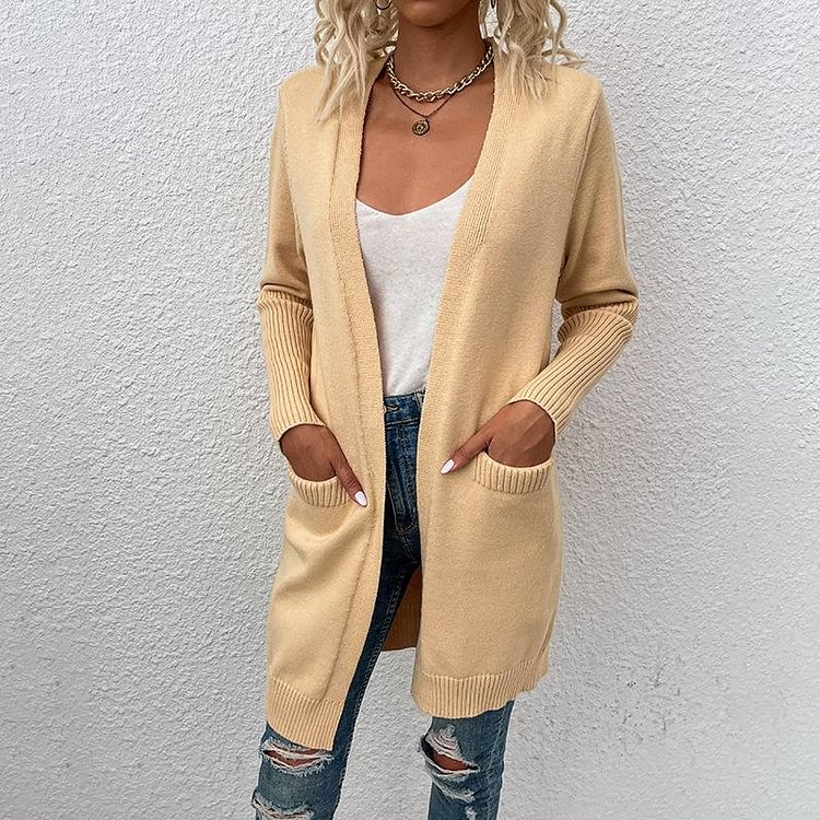 2021 Autumn And Winter Women's Sweater Mid-length Solid Color Pocket Knitted Cardigan Jacket-Mayoulove