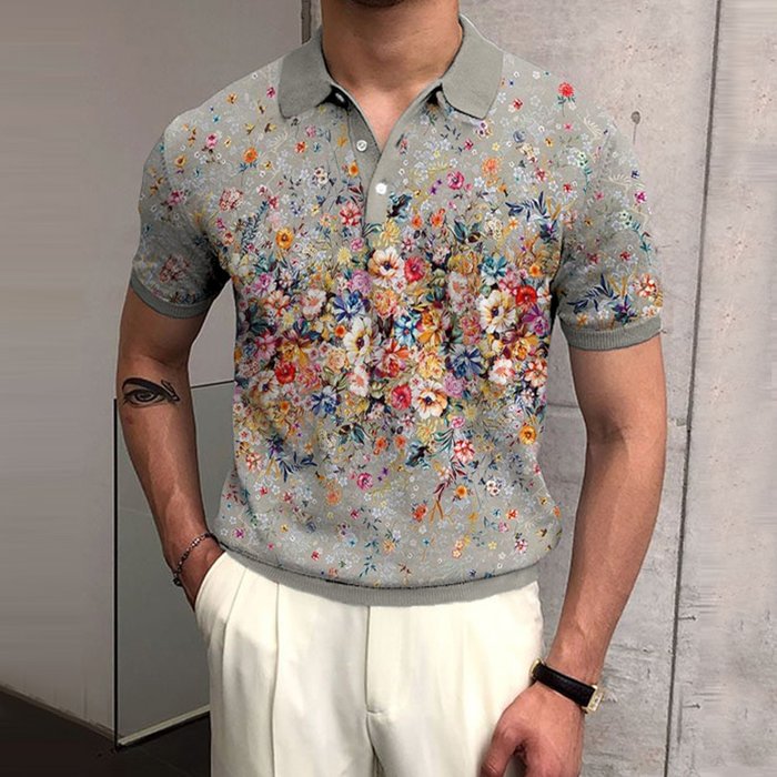 BrosWear Fashion Flower Print Polo Shirt