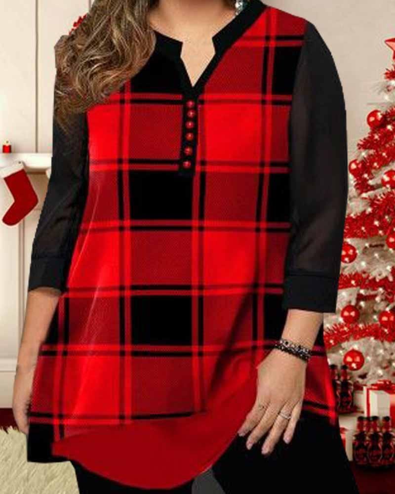 Women's Plaid Stitching V Collar Casual Top