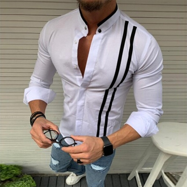 Men's Striped Solid Color Long Sleeve Shirt-Corachic