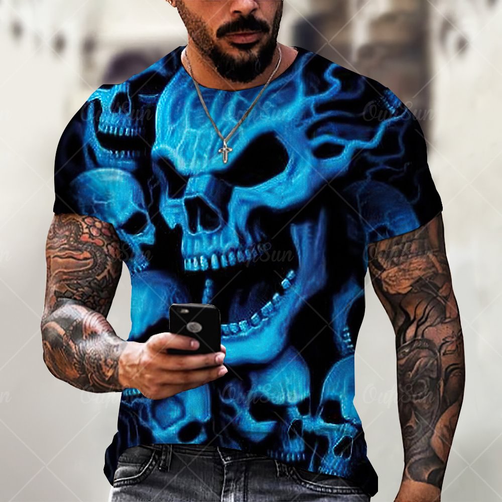 Flame Skull Summer Short Sleeve Tops Casual Loose Men's T-Shirts-VESSFUL
