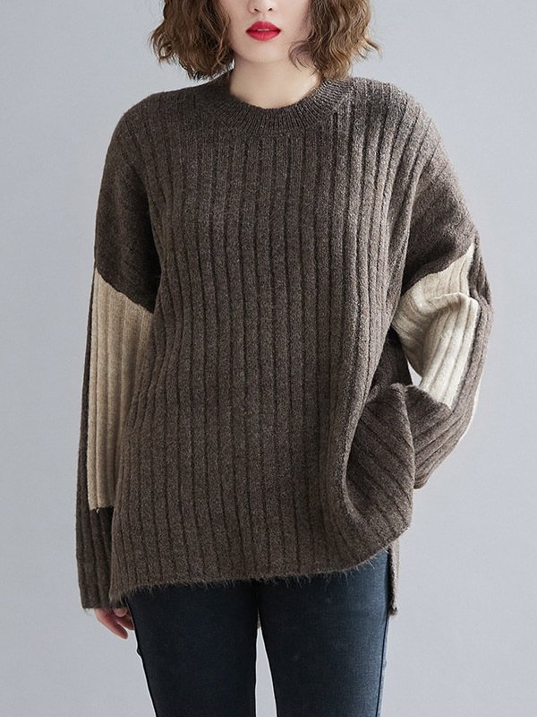 Stylish Split-Joint Round-Neck  Knitting Sweater